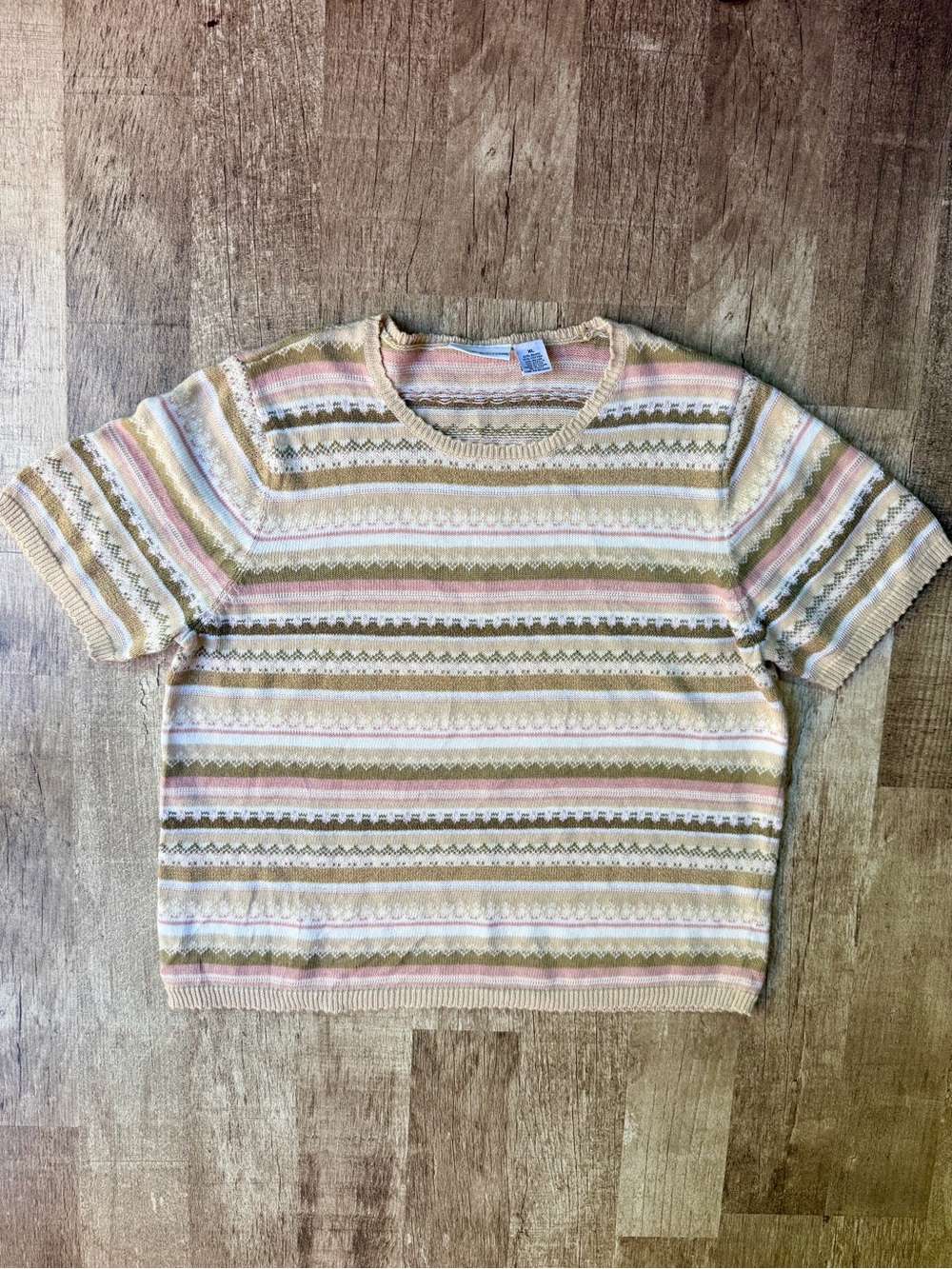 Vintage Short Sleeve Fair Isle Knit Sweater Beige Pink Green Pattern Top XL